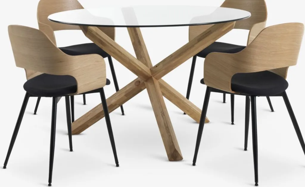 Mesas De Comedor|Conjuntos De Comedor>JYSK AGERBY + HVIDOVREMesa AGERBY Ø119 roble natural+4 sillas HVIDOVRE roble/negro