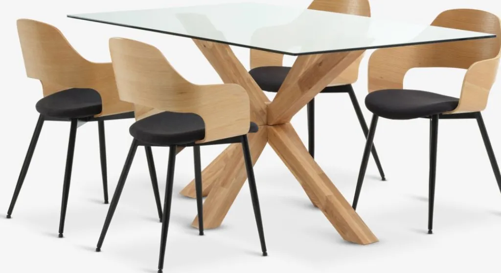 Mesas De Comedor|Conjuntos De Comedor>JYSK AGERBY + HVIDOVREMesa AGERBY L160 roble natural+4 sillas HVIDOVRE roble/negro