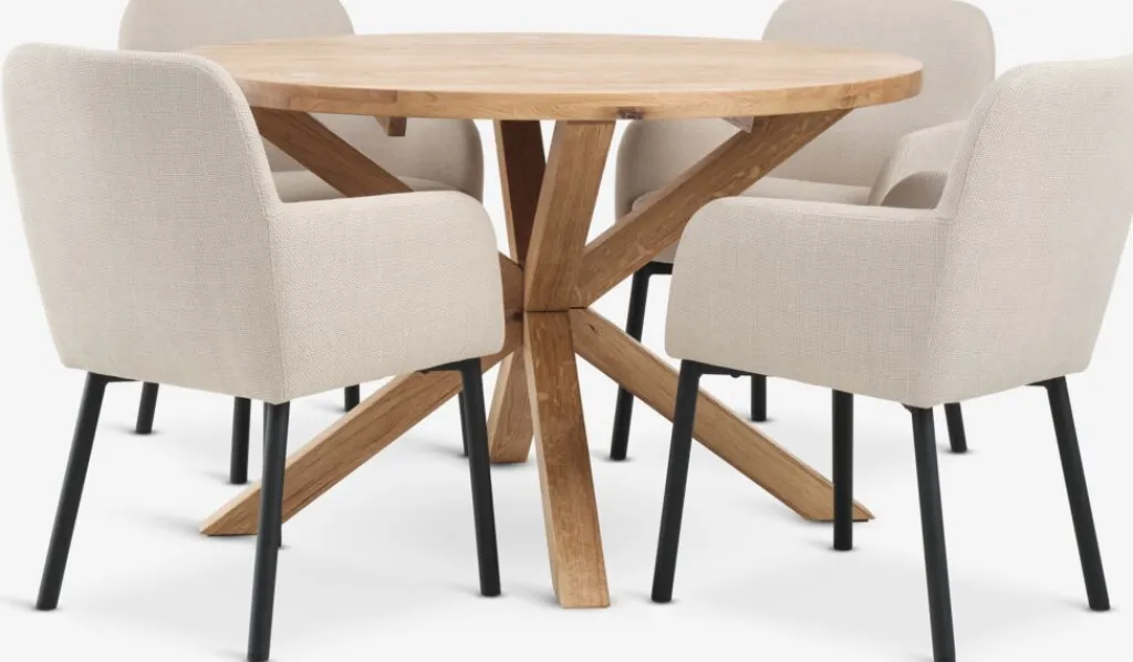 Mesas De Comedor|Conjuntos De Comedor>JYSK GRIBSKOV + SOTTRUPMesa GRIBSKOV Ø120 roble natural+4 sillas SOTTRUP beis/negro