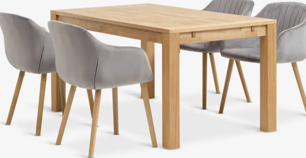 Mesas De Comedor|Conjuntos De Comedor>JYSK HAGE + ADSLEVMesa HAGE L150 roble natural+4 sillas ADSLEV terciopelo gris