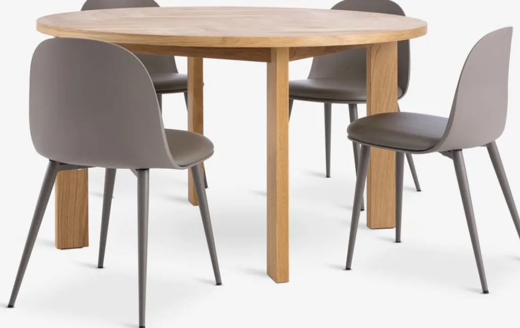 Mesas De Comedor|Conjuntos De Comedor>JYSK HARESKOV + ULDALMesa HARESKOV Ø129 roble natural + 4 sillas ULDAL marrón