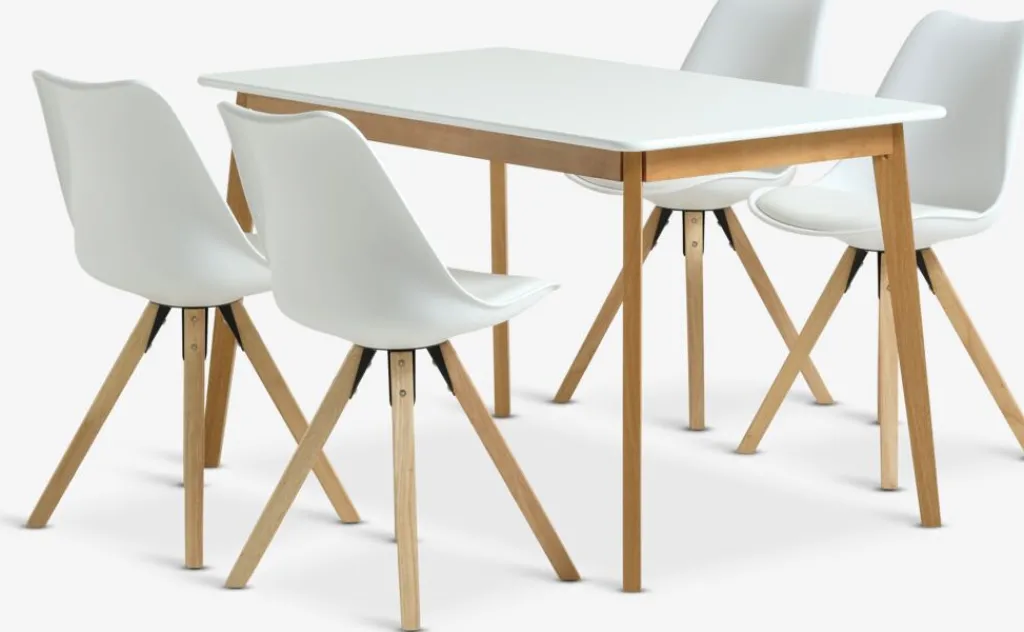 Mesas De Comedor|Conjuntos De Comedor>JYSK JEGIND + BLOKHUSMesa JEGIND L130 blanco + 4 sillas BLOKHUS blanco Blanco+Natural