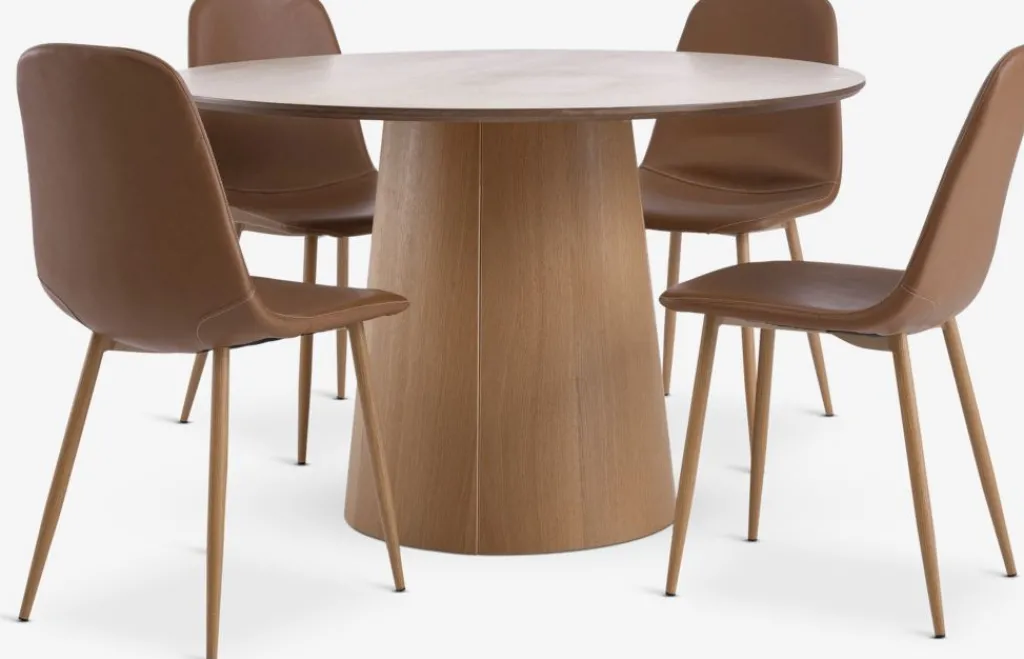 Mesas De Comedor|Conjuntos De Comedor>JYSK KLIPLEV + JONSTRUPMesa KLIPLEV Ø120 roble natural + 4 sillas JONSTRUP marrón