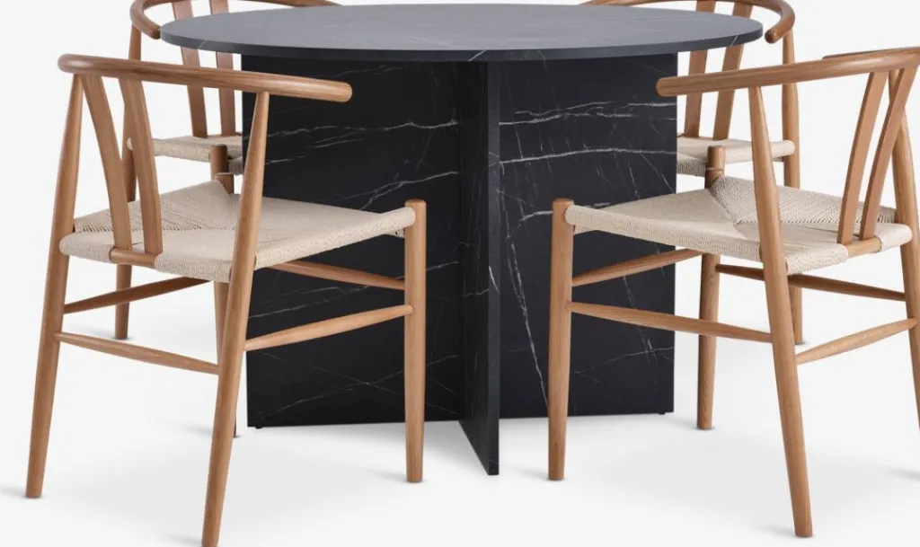 Mesas De Comedor|Conjuntos De Comedor>JYSK KRONDAL + GUDERUPMesa KRONDAL Ø110 mármol + 4 sillas GUDERUP roble/natural