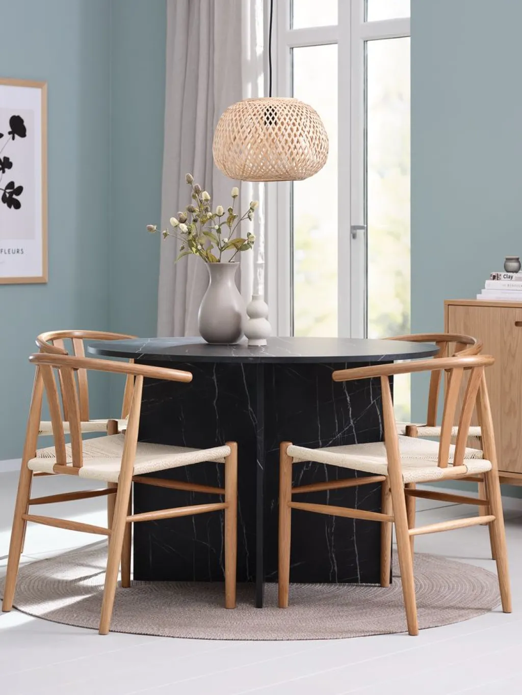 Mesas De Comedor|Conjuntos De Comedor>JYSK KRONDAL + GUDERUPMesa KRONDAL Ø110 mármol + 4 sillas GUDERUP roble/natural