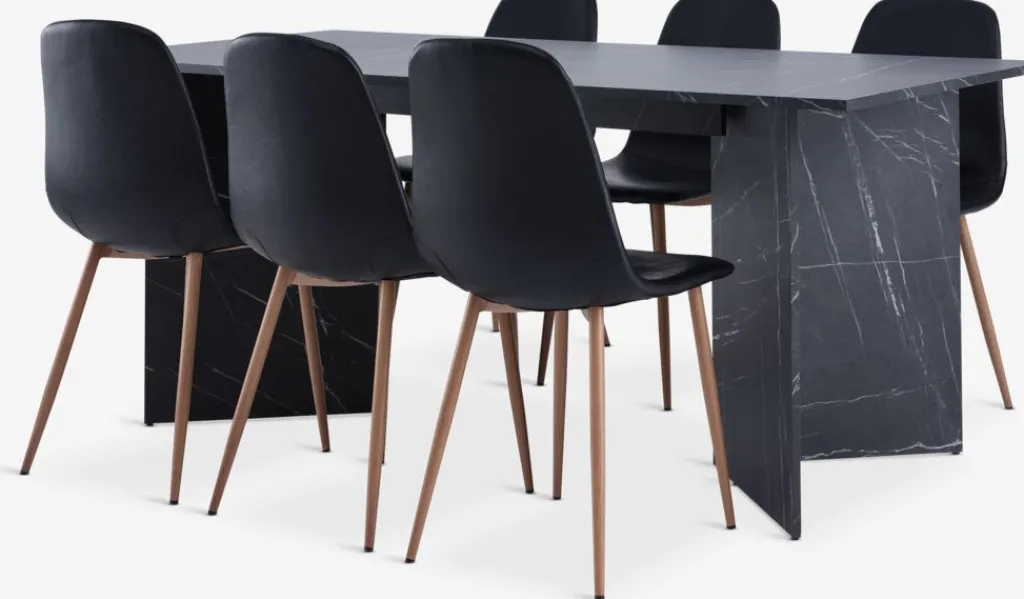 Mesas De Comedor|Conjuntos De Comedor>JYSK KRONDAL + JONSTRUPMesa KRONDAL L180 mármol + 4 sillas JONSTRUP negro Negro+Roble natural