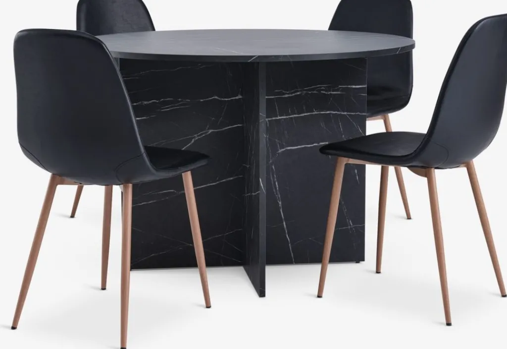 Mesas De Comedor|Conjuntos De Comedor>JYSK KRONDAL + JONSTRUPMesa KRONDAL Ø110 mármol + 4 sillas JONSTRUP negro Negro+Roble natural