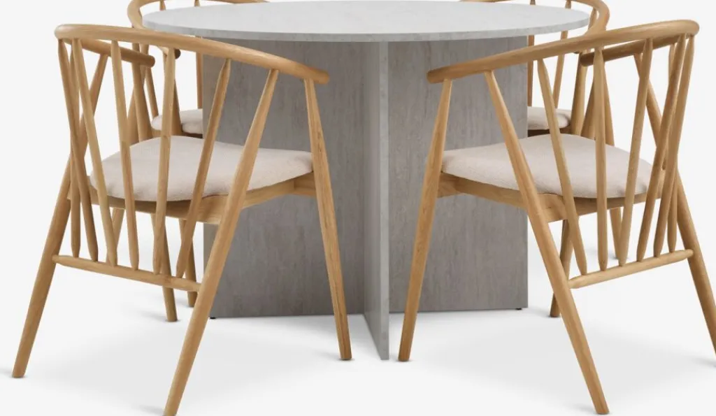 Mesas De Comedor|Conjuntos De Comedor>JYSK KRONDAL + LYKSBORGMesa KRONDAL Ø110 travertino + 4 LYKSBORG roble natural
