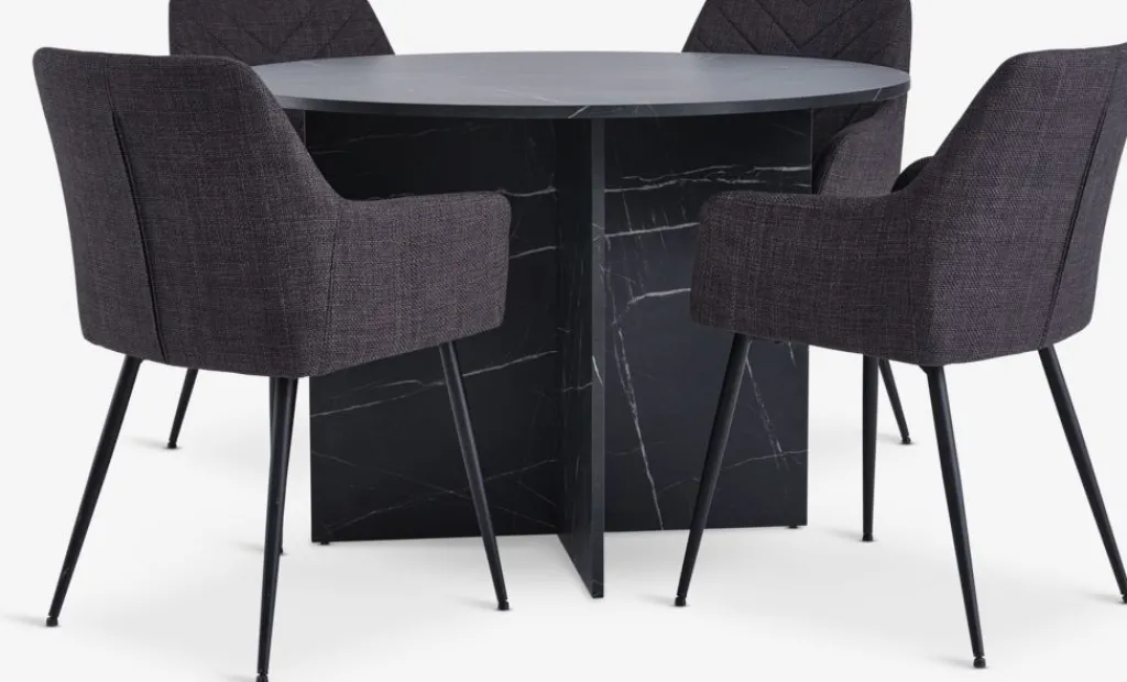 Mesas De Comedor|Conjuntos De Comedor>JYSK KRONDAL + PURHUSMesa KRONDAL Ø110 mármol + 4 sillas PURHUS gris/negro