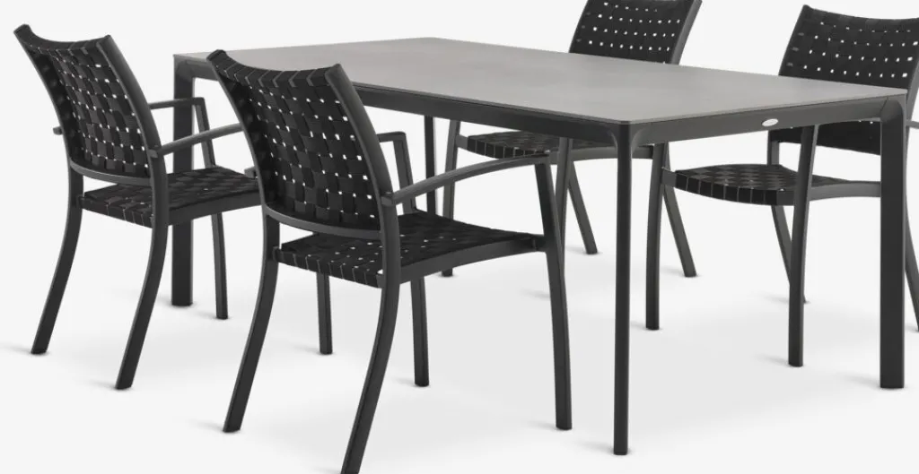 Conjuntos Mesa Y Sillas De Jardín>JUTLANDIA KUMLA + GLOMFJORDMesa KUMLA L200 gris + 4 sillas GLOMFJORD negro