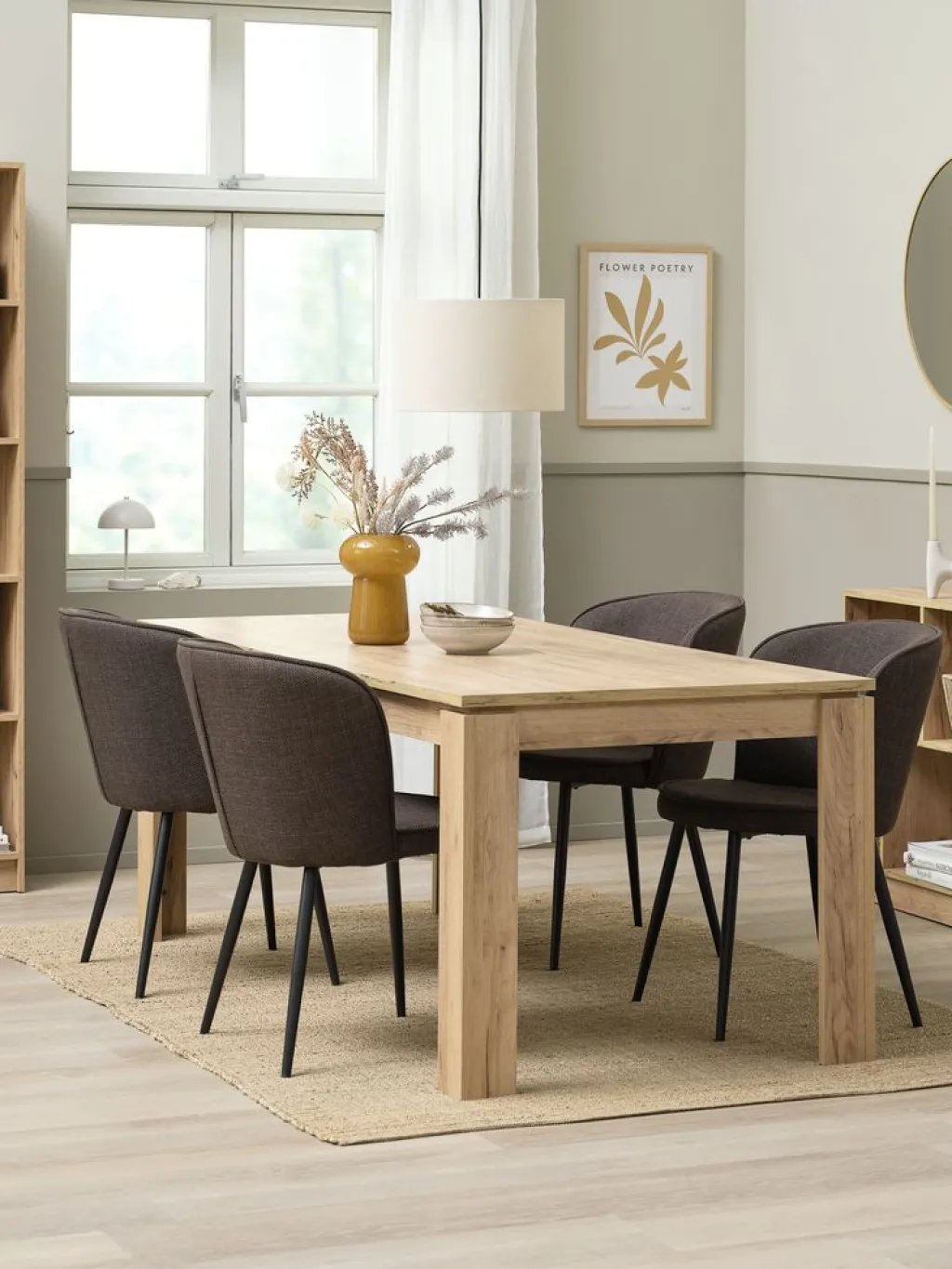 Mesas De Comedor|Conjuntos De Comedor>JYSK LINTRUP + RISSKOVMesa LINTRUP L190/280 roble salvaje +4 sillas RISSKOV marrón Marrón oscuro+Negro