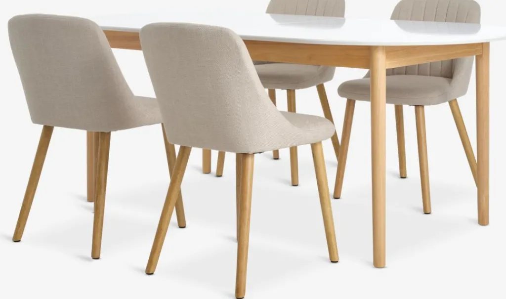 Mesas De Comedor|Conjuntos De Comedor>JYSK MARSTRAND + ADSLEVMesa MARSTRAND L200/280 blanco + 4 sillas ADSLEV beis