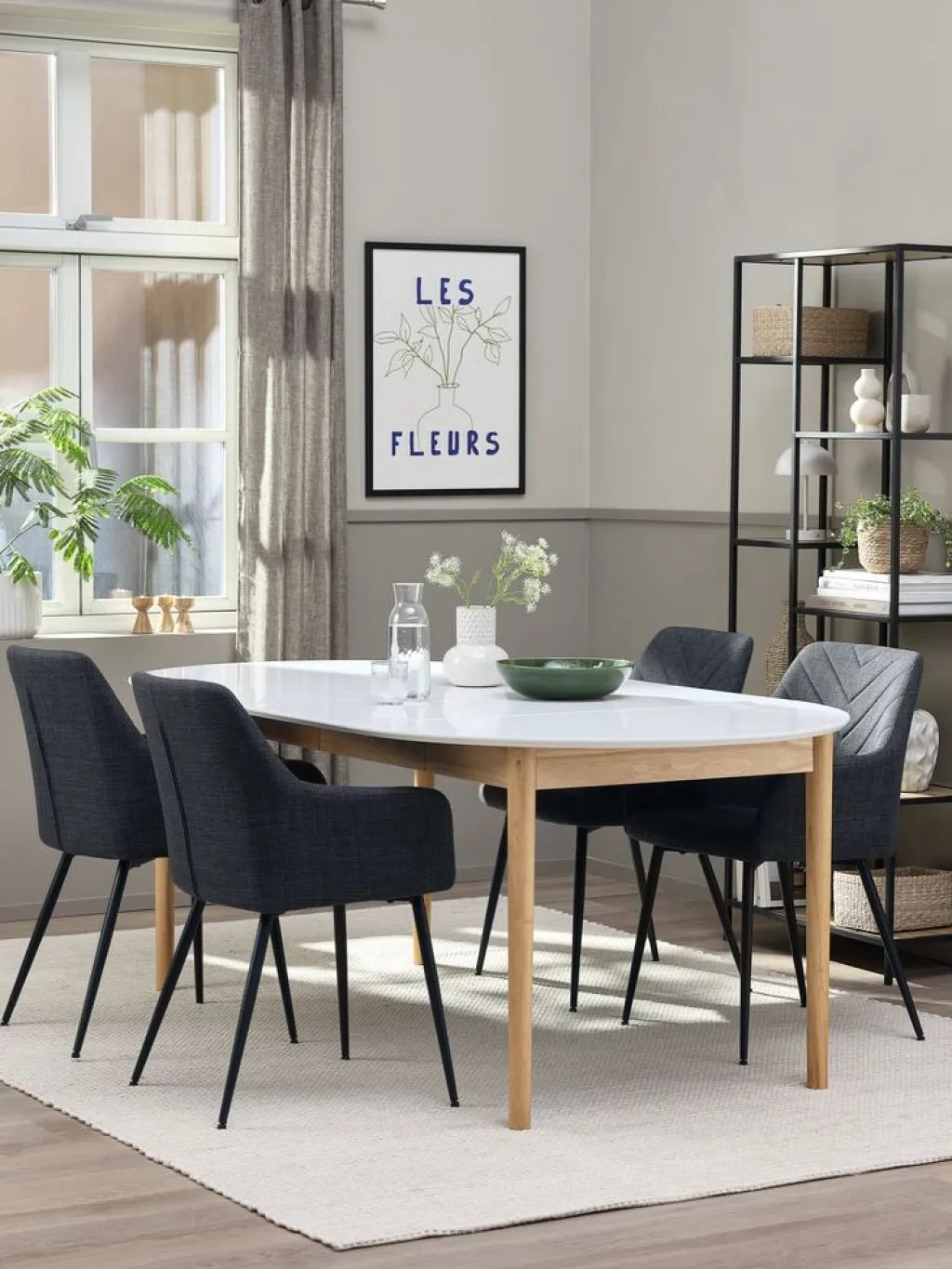 Mesas De Comedor|Conjuntos De Comedor>JYSK MARSTRAND + PURHUSMesa MARSTRAND L200/280 blanco + 4 sillas PURHUS gris Blanco+Natural