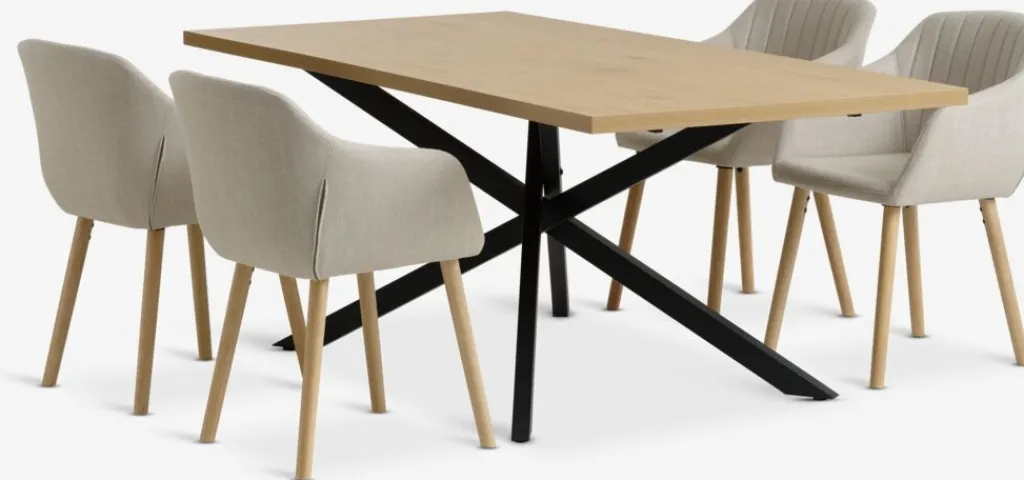 Mesas De Comedor|Conjuntos De Comedor>JYSK NORTOFT + ADSLEVMesa NORTOFT L200 roble cálido + 4 sillas ADSLEV tela beis