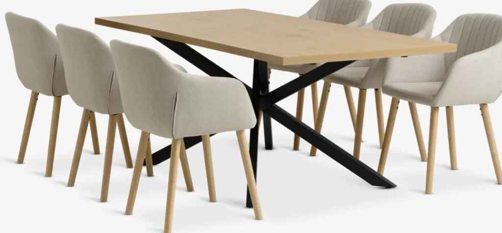 Mesas De Comedor|Conjuntos De Comedor>JYSK NORTOFT + ADSLEVMesa NORTOFT L200 roble cálido + 4 sillas ADSLEV tela beis