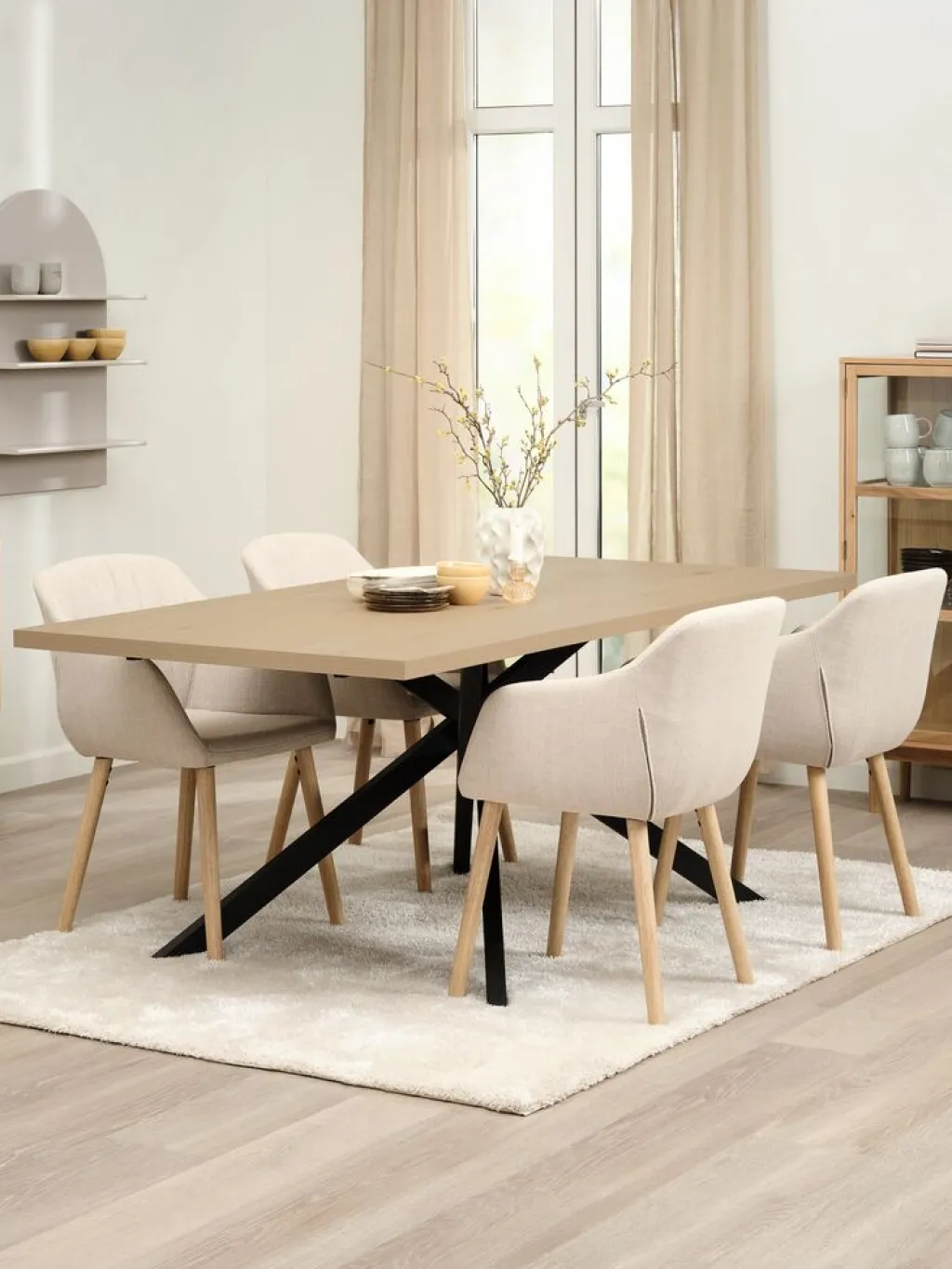 Mesas De Comedor|Conjuntos De Comedor>JYSK NORTOFT + ADSLEVMesa NORTOFT L200 roble cálido + 4 sillas ADSLEV tela beis