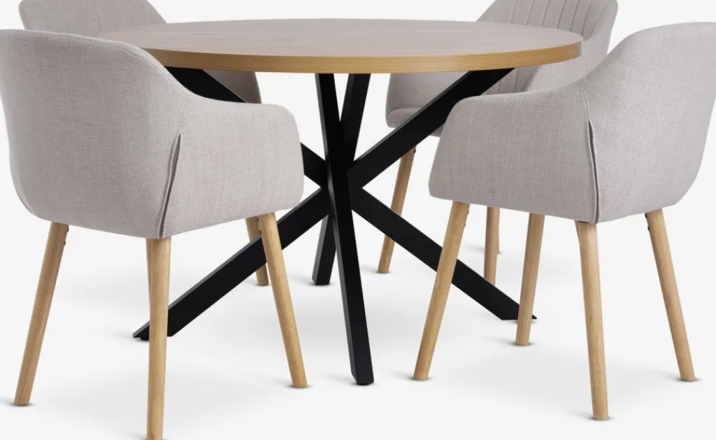Mesas De Comedor|Conjuntos De Comedor>JYSK NORTOFT + ADSLEVMesa NORTOFT Ø120 roble cálido + 4 sillas ADSLEV beis