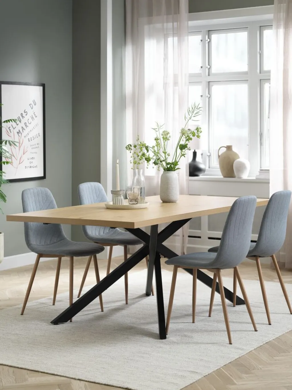 Mesas De Comedor|Conjuntos De Comedor>JYSK NORTOFT + JONSTRUPMesa NORTOFT L200 roble cálido +4 sillas JONSTRUP azul claro