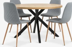 Mesas De Comedor|Conjuntos De Comedor>JYSK NORTOFT + JONSTRUPMesa NORTOFT Ø120 roble cálido +4 sillas JONSTRUP azul claro