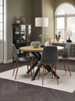 Mesas De Comedor|Conjuntos De Comedor>JYSK NORTOFT + JONSTRUPMesa NORTOFT Ø120 roble cálido +4 sillas JONSTRUP azul claro
