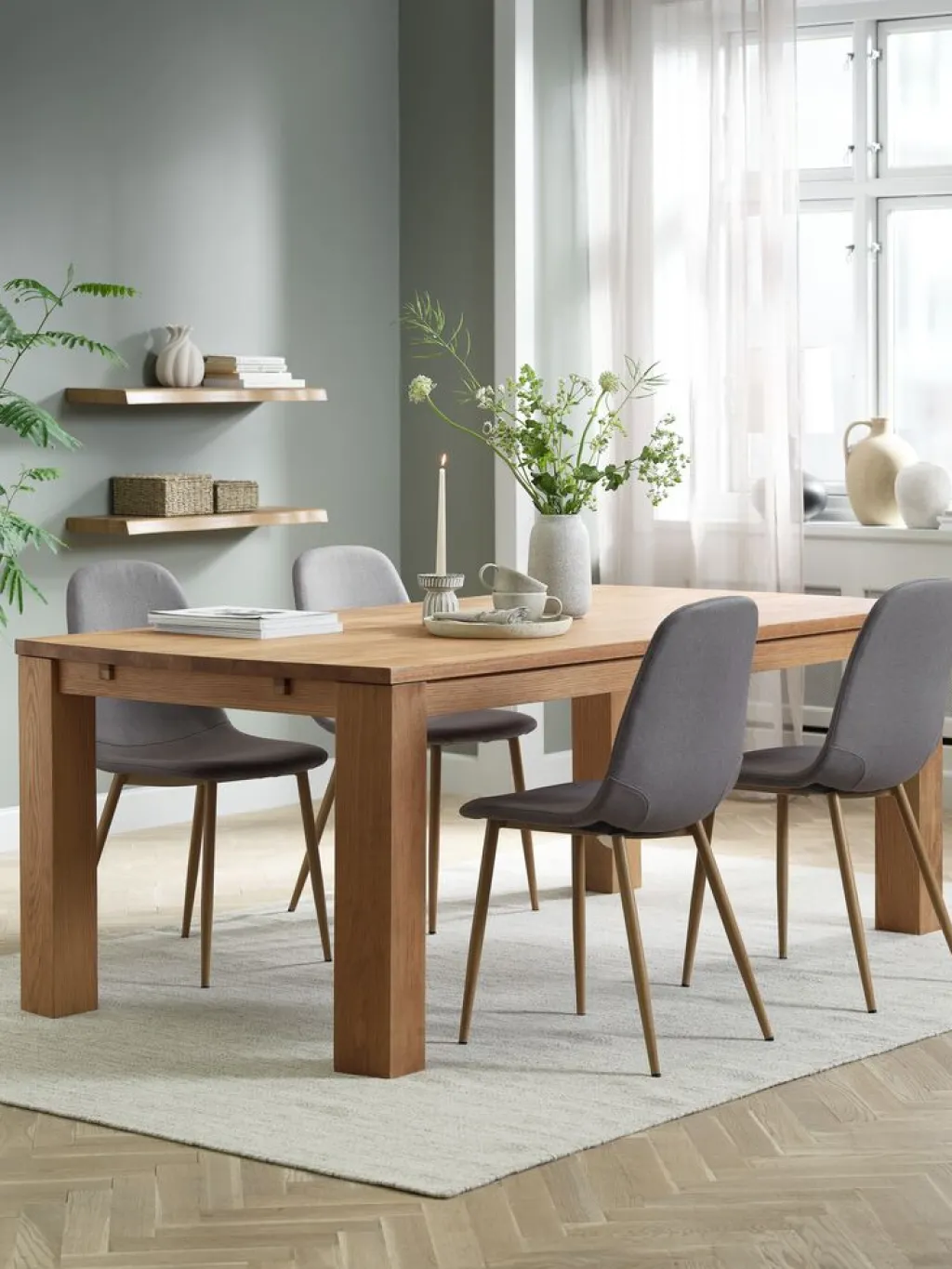 Mesas De Comedor|Conjuntos De Comedor>JYSK OLDE + JONSTRUPMesa OLDE L200 roble natural + 4 sillas JONSTRUP gris