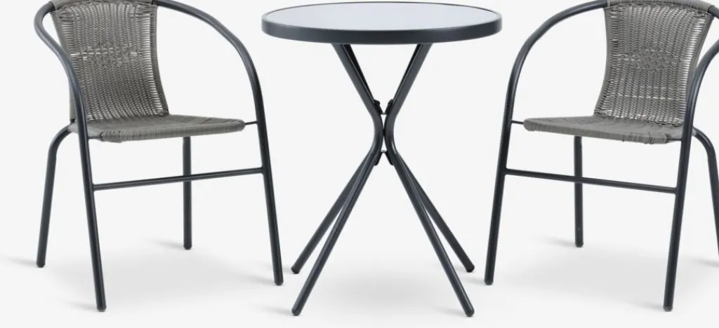 Conjuntos Mesa Y Sillas De Jardín>JYSK RADSTRUP + GRENAAMesa RADSTRUP Ø60 negro + 2 sillas GRENAA gris