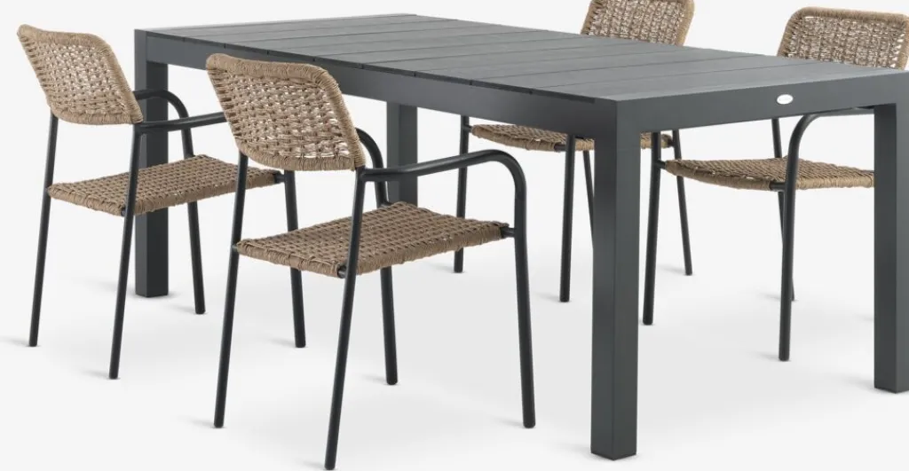 Conjuntos Mesa Y Sillas De Jardín>JYSK TYDAL + ORKANGERMesa TYDAL L208/272 negro + 4 sillas ORKANGER natural