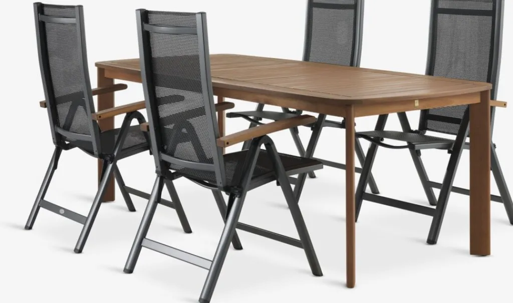 Conjuntos Mesa Y Sillas De Jardín>JYSK UVDAL + SIRDALMesa UVDAL L223 madera dura + 4 sillas SIRDAL gris