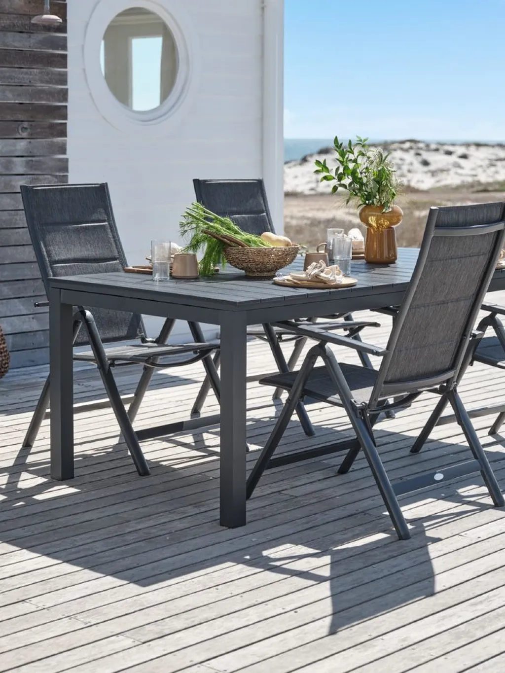 Conjuntos Mesa Y Sillas De Jardín>JUTLANDIA VATTRUP + MYSENMesa VATTRUP L206/321 negro + 4 sillas MYSEN gris